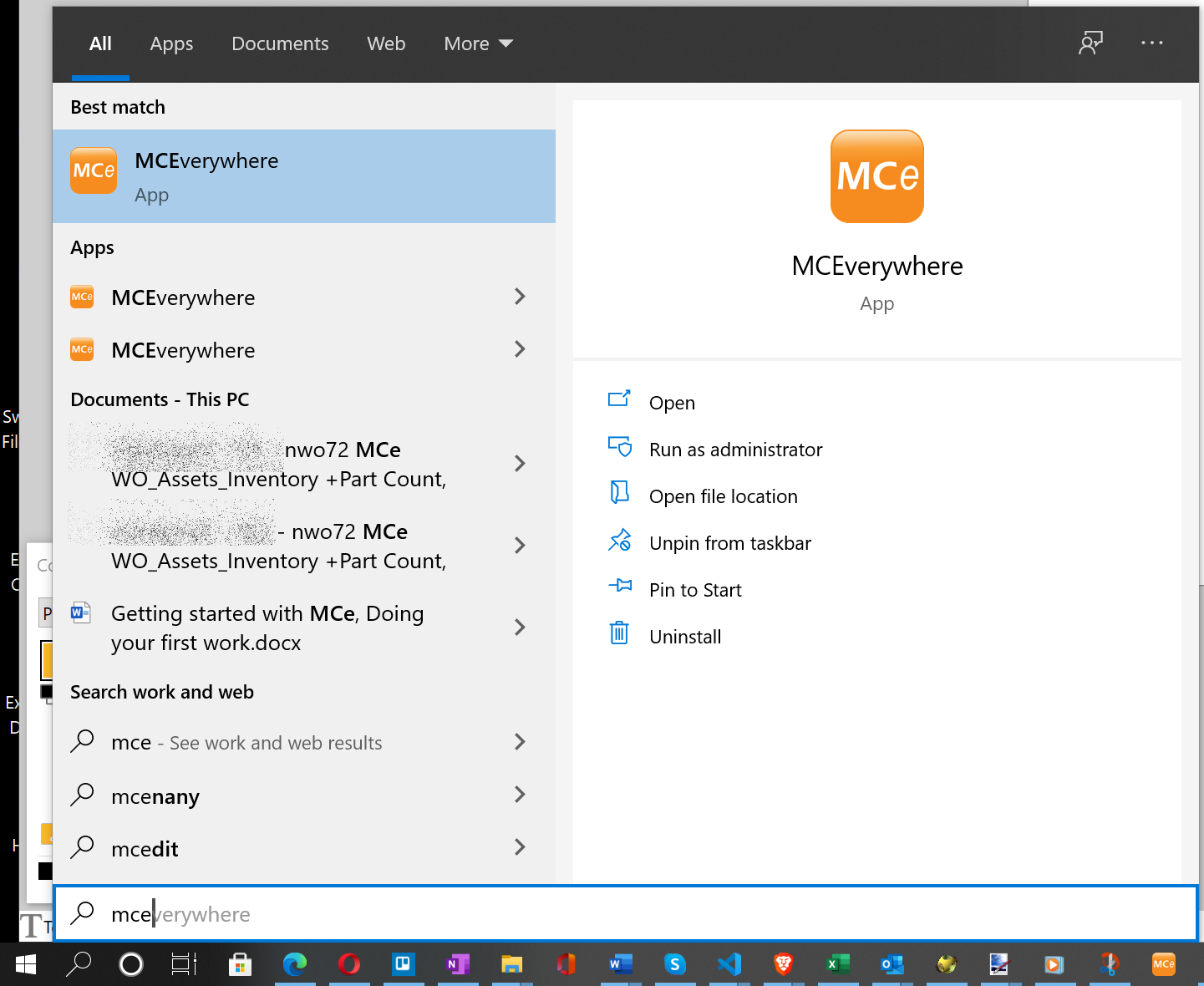 Searching MCe in Start Menu